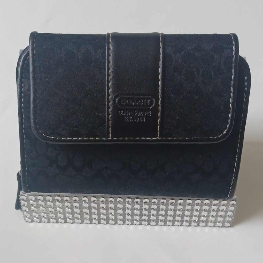 Coach Black and Silver Compact Wallet with Flap Closure